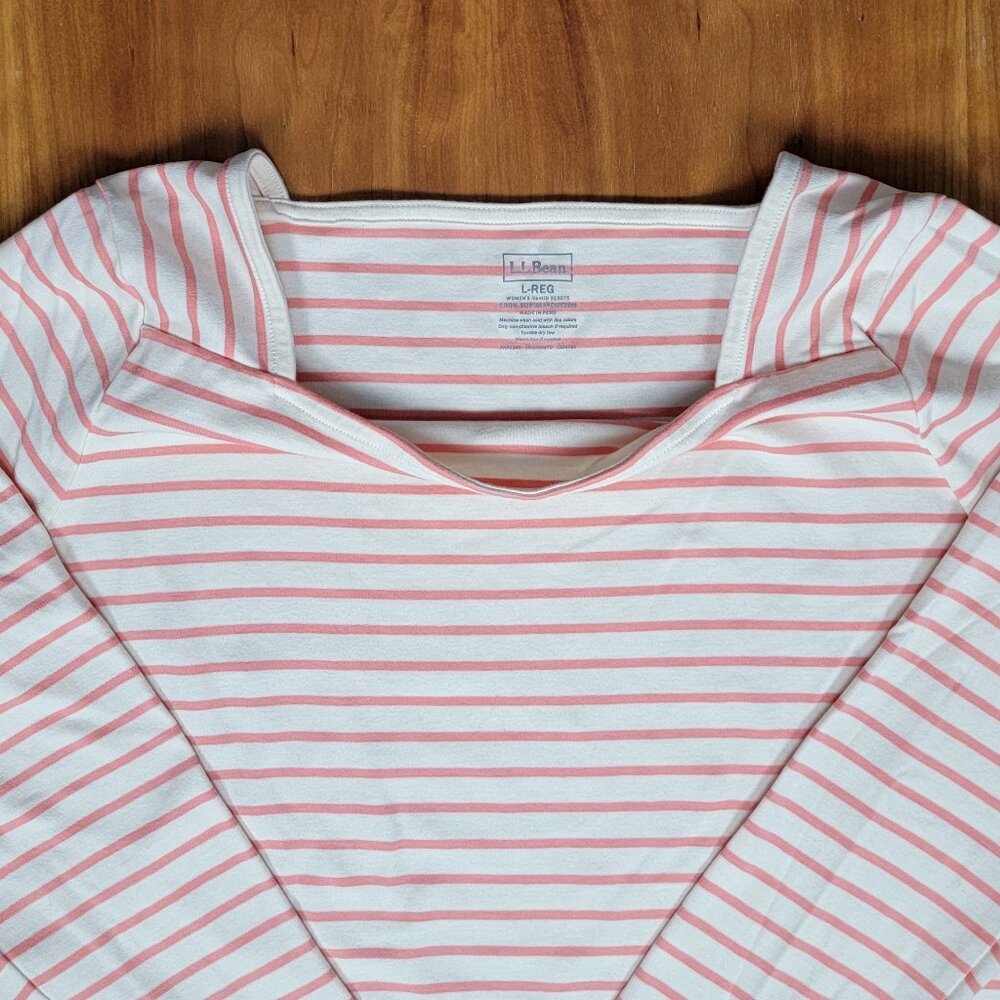 L.L. Bean Supima Cotton Peach White Striped Long Sleeve Square Neck Top - L - Picture 5 of 8